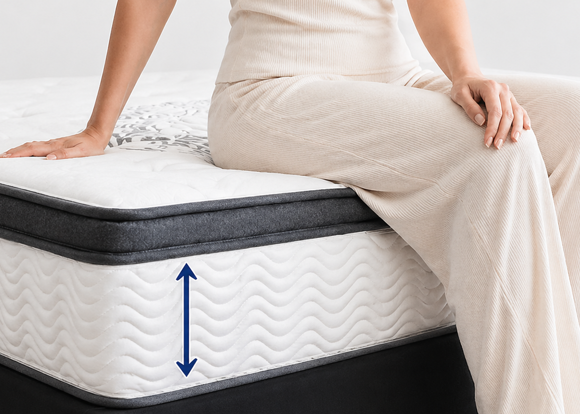 Person sitting on a mattress with a close-up of the mattress's surface and support layers.