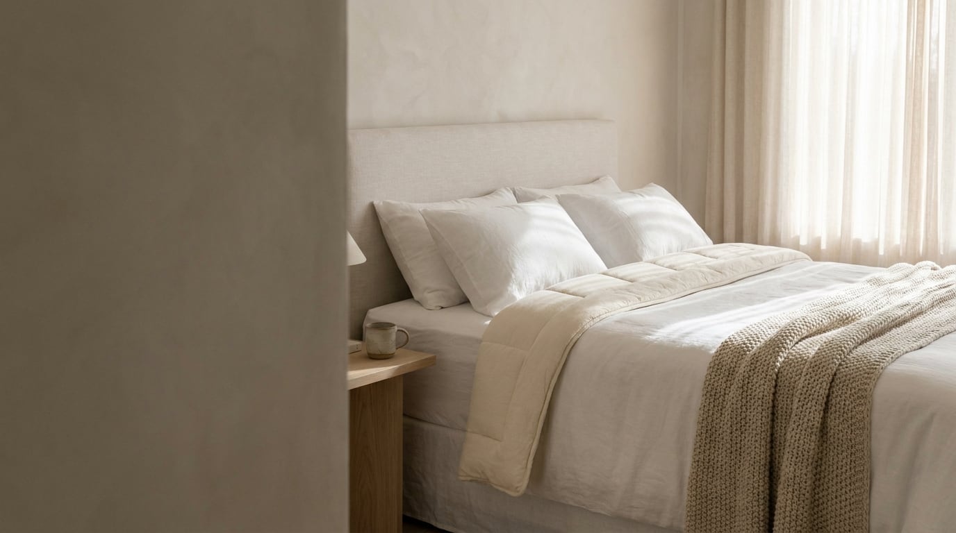 A bed made up with quilt and pillows in soft morning light