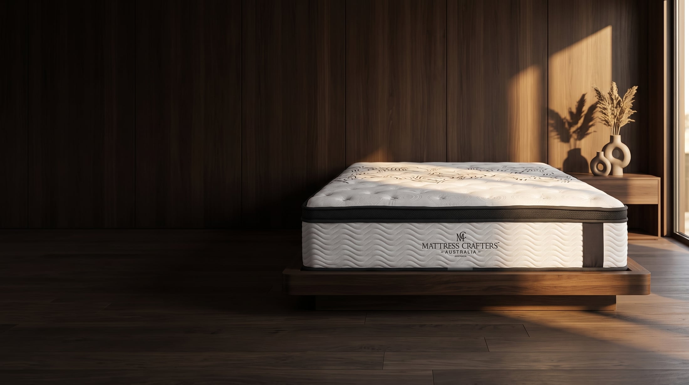 The Boutique mattress in a warm timber panelled bedroom