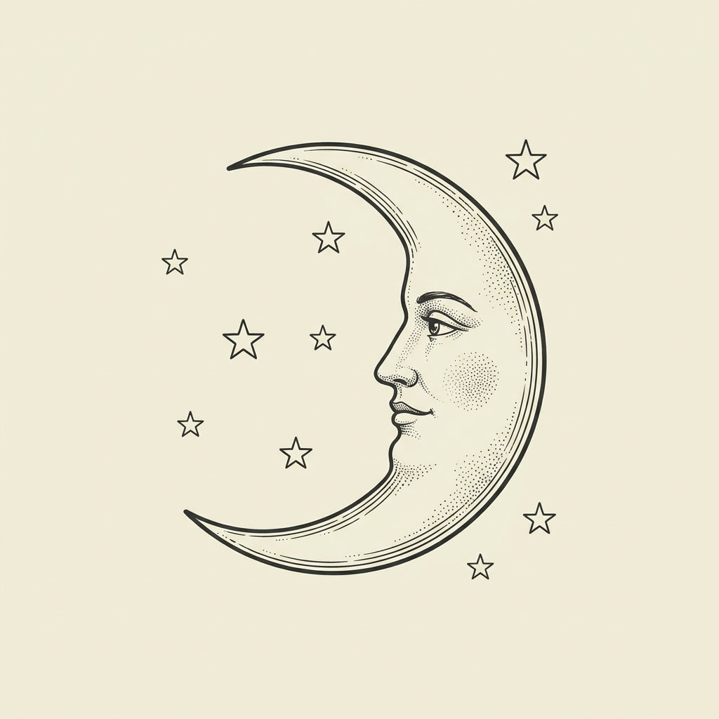 Line illustration of a crescent moon and stars