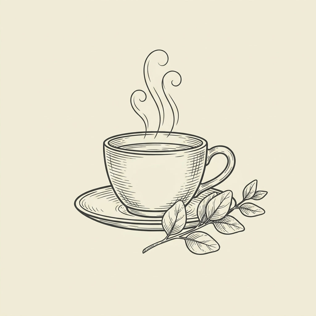 Line illustration of a teacup with eucalyptus