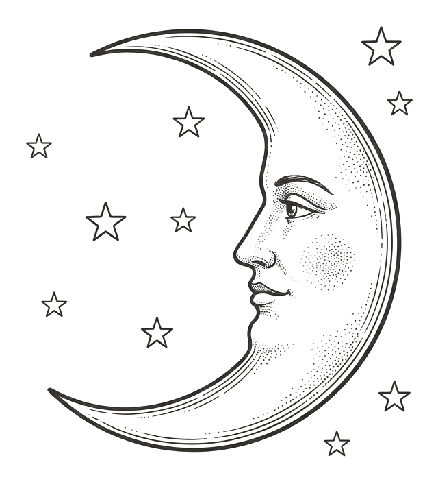 Line illustration of a crescent moon and stars