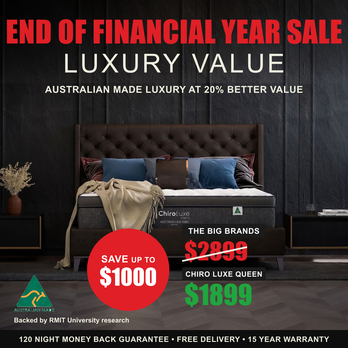 End of Financial Year Sale, save up to $1000 on the Chiro Luxe mattress. Queen $1899, down from $2899.